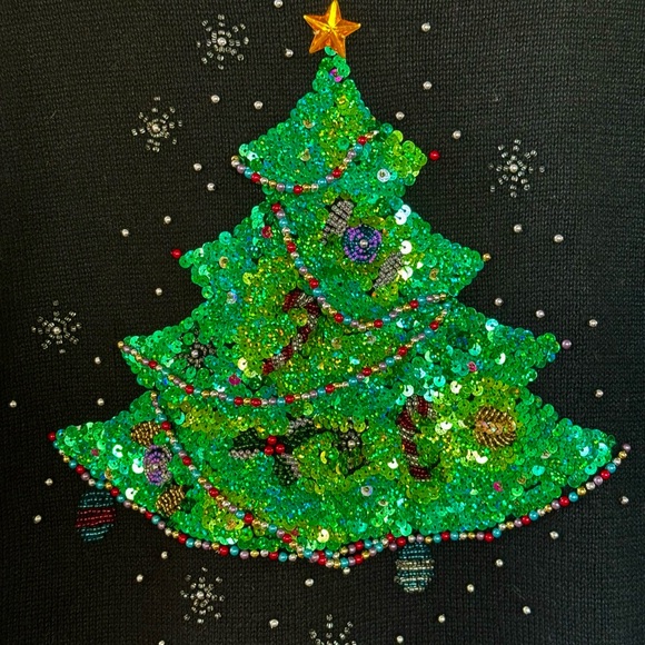The Quaker Factory Christmast Tree sweater Medium Bead Sequin Holiday New - Picture 2 of 6